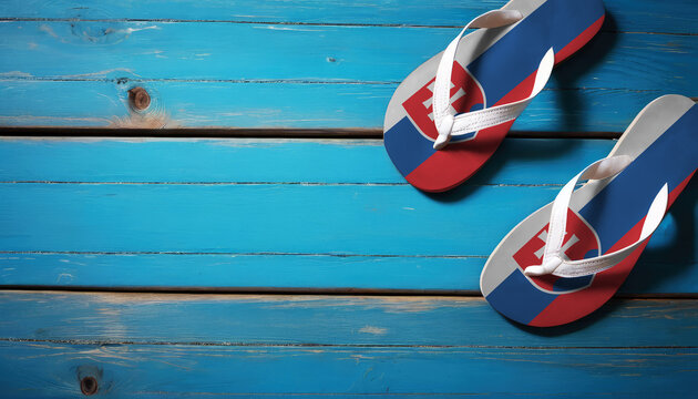 Pair of beach sandals with flag Slovakia. Slippers for summer sea vacation. Concept travel and vacation in Slovakia.