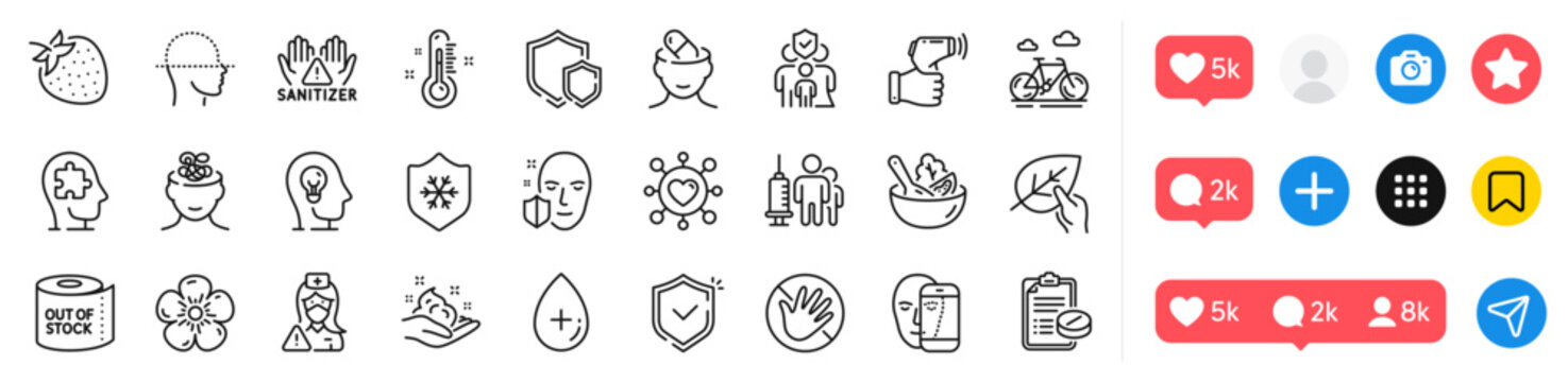 Nurse, Shields and Family insurance line icons pack. Social media icons. Skin care, Medical vaccination, Dating web icon. Thermometer, Oil serum, Clean skin pictogram. Vector