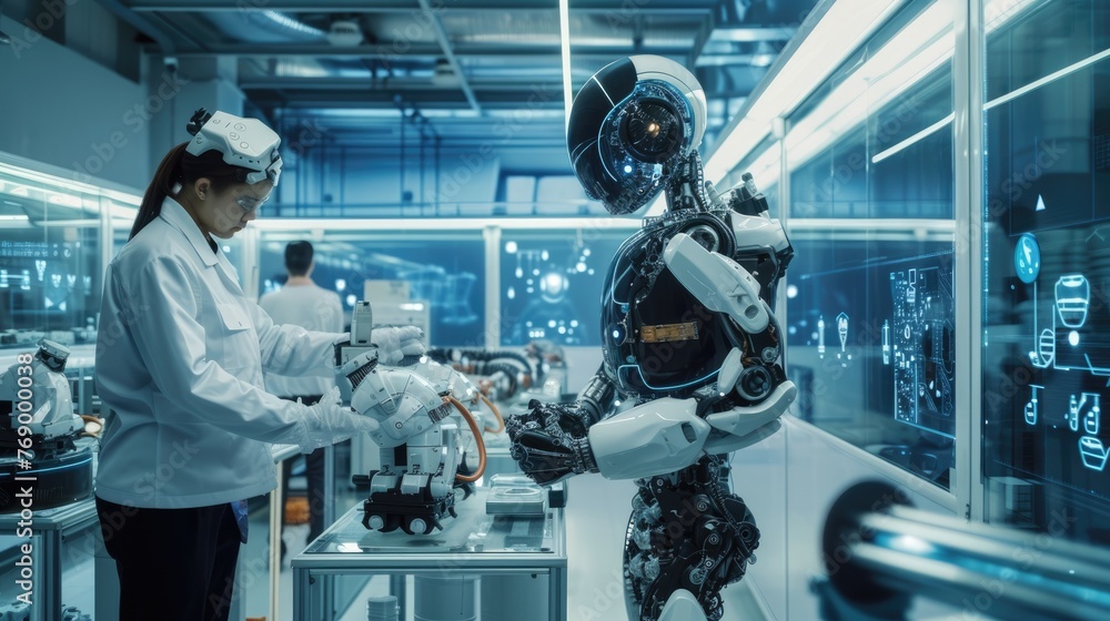 Aufkleber a high-tech robotics lab, engineers working on advanced ai machines, showcasing innovation and futur