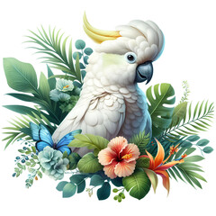 Cockatoo bird with tropical plants and flowers