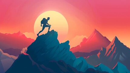 a man climbing up a mountain with a backpack - obrazy, fototapety, plakaty