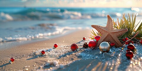 Tropical Christmas with Red Ornaments on Beach