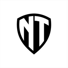 NT monogram logo with bold letters shield shape with black and white color design