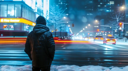 a man is walking down a city street at night time