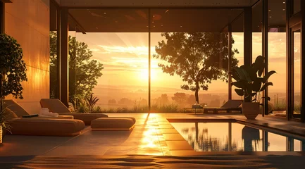 Foto op Plexiglas A pool with a view of trees and a sunset. The water is calm and the sky is orange © progressman