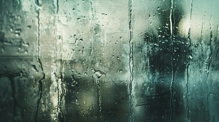 a rain covered window with a person standing in the background