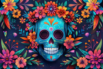 A colorful sugar skull with flowers, Day of the Dead, Día De Muertos