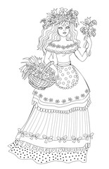 Coloring book for children and adults. Illustration of little cute girl with flower wreath picking flowers in spring garden. Printable page for drawing and meditation. Black and white vector template