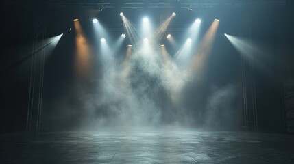 Empty stage lit by spotlights with atmospheric haze