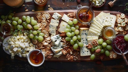 an intricate cheese board spread with an assortment of gourmet cheeses including brie