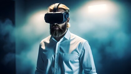 Adult Man with a long blonde beard wearing a white shirt and a virtual reality headset, holding the headset with one hand, standing in a modern office
