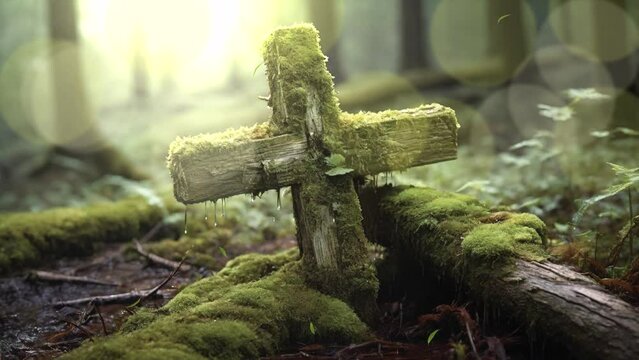 Marvel at the somber elegance of a rough-hewn grave monument crowned with a mossy cross, its silent vigil a testament to the quiet dignity of those laid to rest in the depths of the forest in captivat