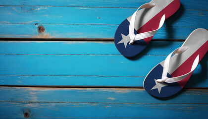 Pair of beach sandals with flag Texas. Slippers for summer sea vacation. Concept travel and vacation in Texas.