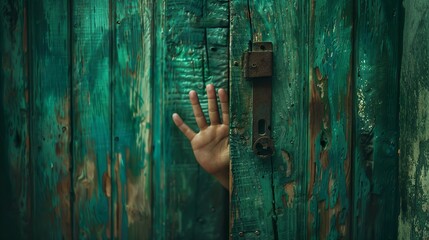 A hand emerged from the green wooden door.