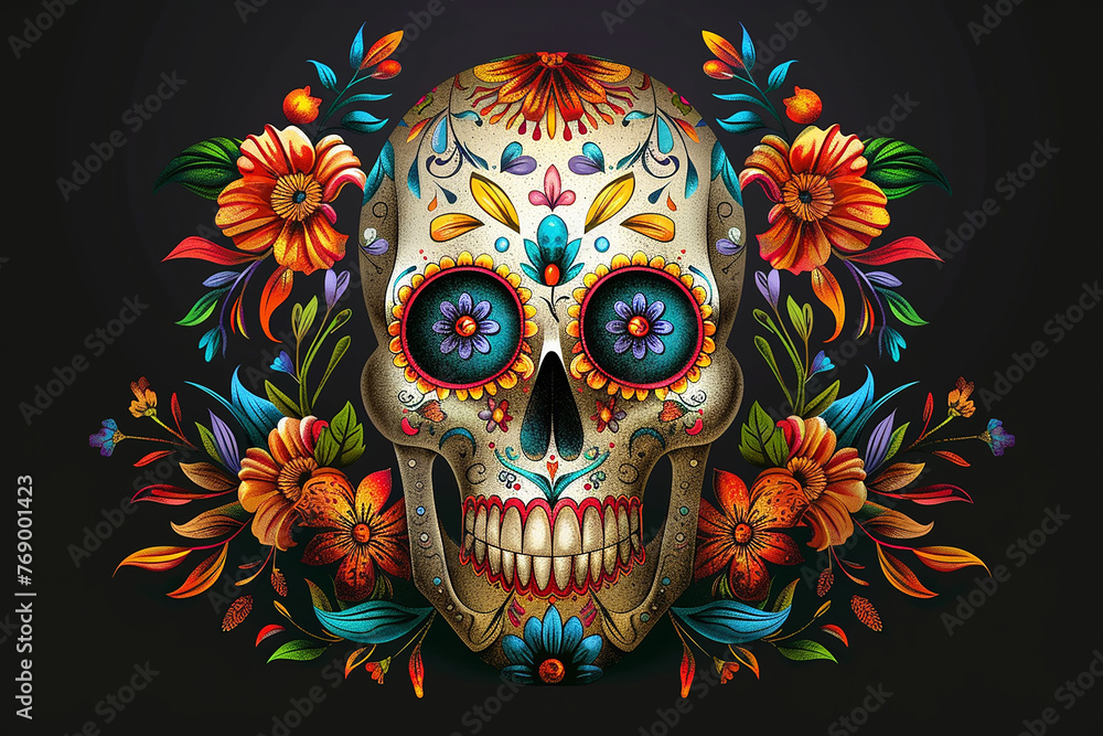 Poster a colorful sugar skull with flowers, day of the dead, día de muertos