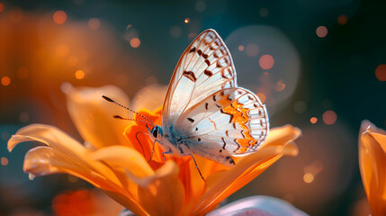 A diurnal butterfly resting on a sun-kissed flower petal