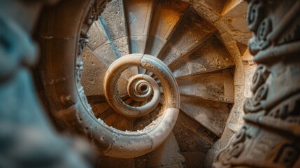 Ancient spiral staircase, shot from above, the graceful curve and symmetry of the staircase