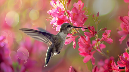 Fototapeta premium A diurnal hummingbird sipping nectar from vibrant flowers