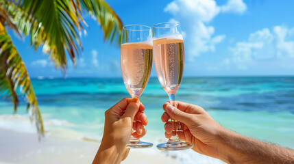 clanging champagne glasses in tropical beach, romantic celebration of a couple