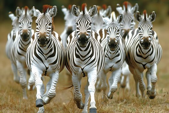 A Herd of Zebra Running Across a Dry Grass Field