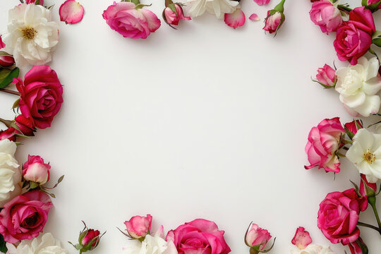 A decorative frame border composed of beautiful flower roses on a white background