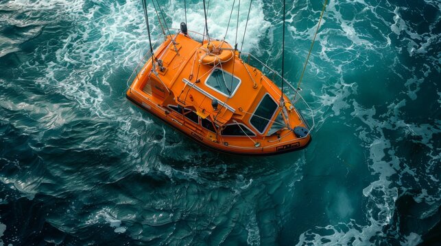 Enclosed lifeboat in orange color, robust construction and well thought out design
