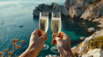 Romantic couple clinking champagne glasses celebrating in tropical coastline cliff, tropical...