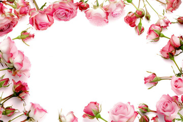Fototapeta na wymiar A decorative frame border composed of beautiful flower roses on a white background