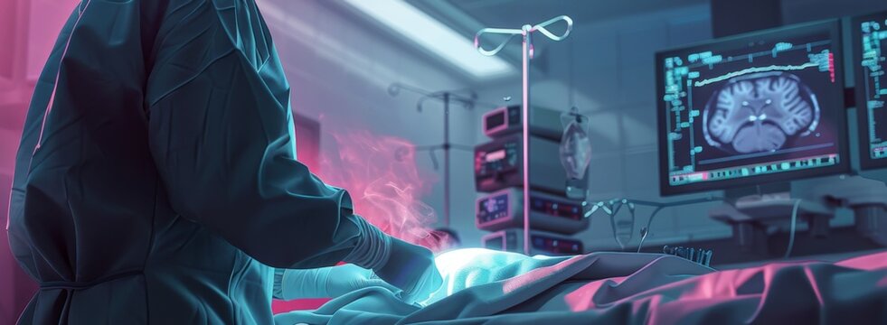 Modern medicine, surgeon preparing for laparoscopic surgery in operating room