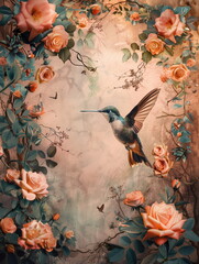 Photography of a fine art of a hummingbird surrounded by flowers overlay in shades of Peach Fuzz.