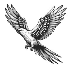 Fototapeta premium majestic parrot in flight, engraved with exquisite detail, perfect for wildlife art enthusiasts sketch engraving generative ai vector illustration. Scratch board imitation. Black and white image.