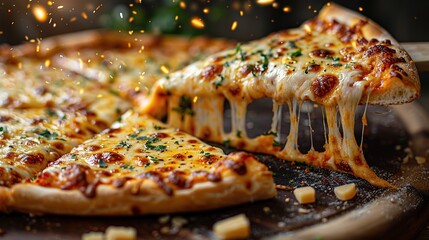 A flying slice of four cheeses pizza with stretching cheese on a black background.