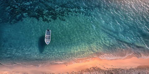 Serene aerial perspective of a solitary boat on a pristine coastline - obrazy, fototapety, plakaty