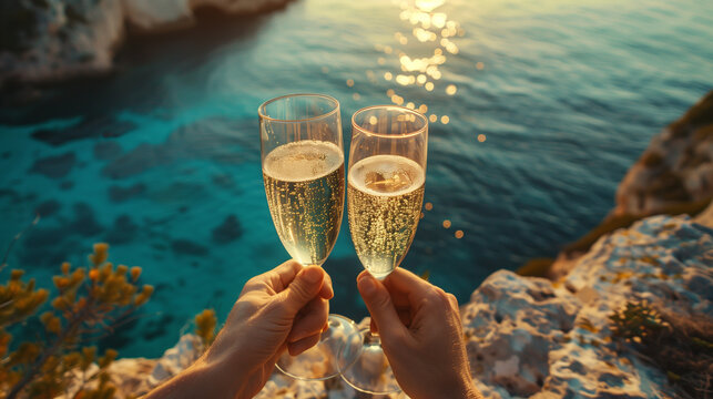Close up portrait of  two hands toasting champagne glasses on a cliff of. a tropical coastline, couple celebrate their vacation, anniversary in evening