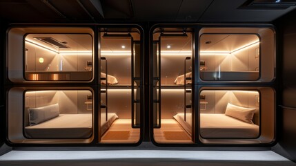 The capsule hotel features a functional and minimalist design of the sleeping compartments
