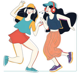 2 jeunes amies qui écoutent de la musique et danse - streetwear