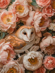 Photography of a fine art of owl surrounded by flowers overlain in shades of Peach Fuzz