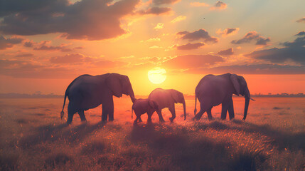 A family of elephants walking across the African plains