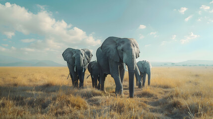 A family of elephants walking across the African plains