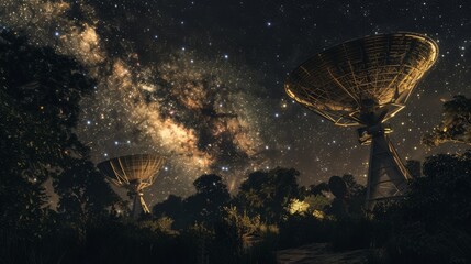 Radio telescopes, observes the Milky Way at night, the unusualness and complexity of our galaxy - obrazy, fototapety, plakaty