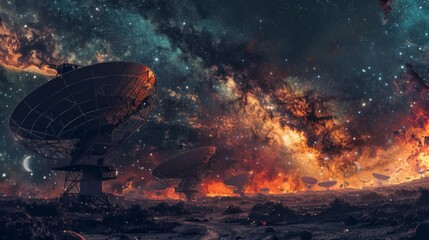 Radio telescopes, observes the Milky Way at night, the unusualness and complexity of our galaxy - obrazy, fototapety, plakaty