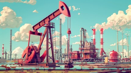 Illustration of Oil pump extracting oil against the backdrop of an oil refinery - obrazy, fototapety, plakaty
