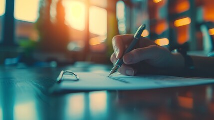 Business process, hand holding a pen, ready to sign a contract, on a blurred office background - obrazy, fototapety, plakaty