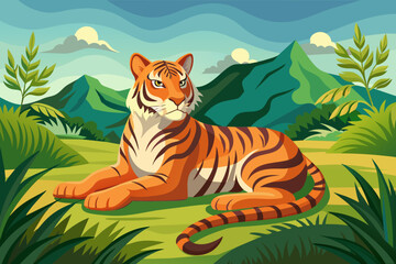 Tiger lying down in field vector illustration 