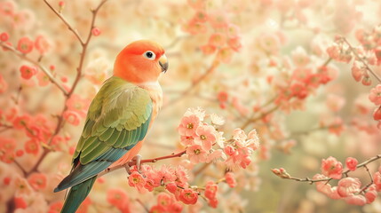 Fototapeta premium Photography of a fine art of parrot surrounded by flowers overlay in shades of Peach Fuzz.