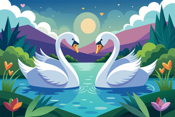 Love swans on the lake  vector illustration  - obrazy, fototapety, plakaty