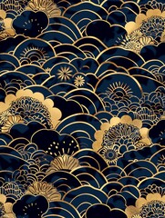 Blue and gold wallpaper featuring numerous fan shapes in various sizes and orientations - obrazy, fototapety, plakaty