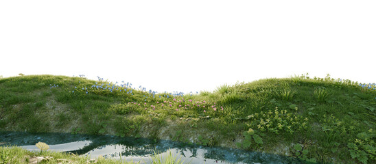 A calm river surrounded by lush greenery and wild flowers. 3D rendering.	
