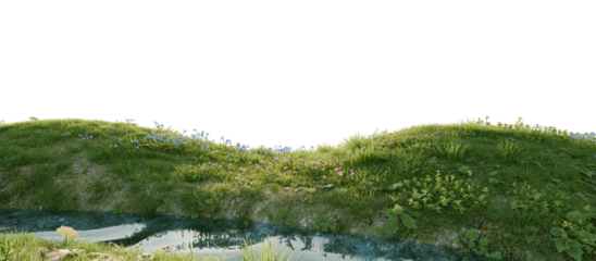 A calm river surrounded by lush greenery and wild flowers. 3D rendering.	
