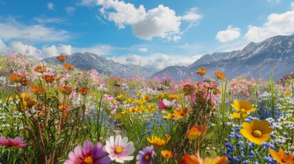 Obraz na płótnie Canvas Field of Flowers With Background Mountains
